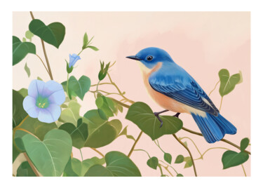 数字艺术 标题为“Blue Bird Perched o…” 由春宇 关, 原创艺术品, AI生成的图像 安装在纸板上
