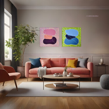 "Colorful Land Stones on Floral Field" Diptych Malerei mit dem Titel ""Colorful Land Ston…" von Vafa Majidli, Original-Kunstwerk, Acryl