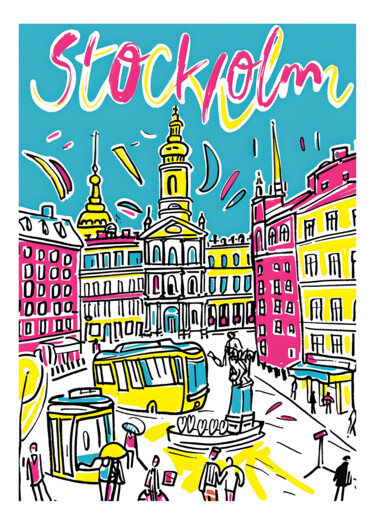 数字艺术 标题为“Vibrant Stockholm C…” 由春宇 关, 原创艺术品, AI生成的图像 安装在纸板上