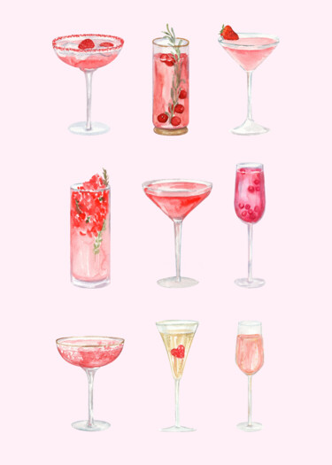 Digitale Kunst getiteld "Elegant Cocktails:…" door Chun Yu Guan, Origineel Kunstwerk, AI gegenereerde afbeelding Gemonteerd…