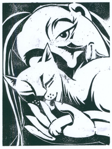 Prenten & gravures getiteld "Frau und Katze" door Regina Riegler, Origineel Kunstwerk, Xylograaf