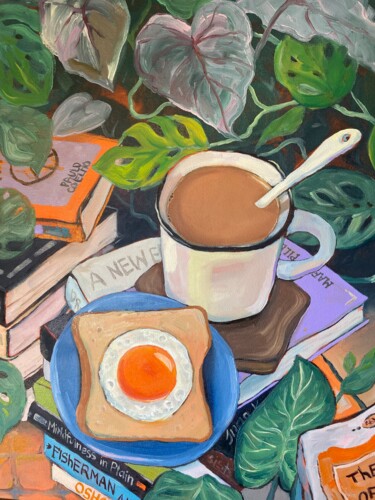 Cozy Morning with Coffee, Toast, and Books 绘画 标题为“Cozy Morning with C…” 由Inna Kalenychenko, 原创艺术品, 油 安装在木质担架架上