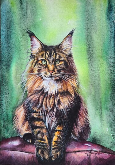 Ζωγραφική με τίτλο "Maine Coon" από Tetiana Paskar, Αυθεντικά έργα τέχνης, Ακουαρέλα