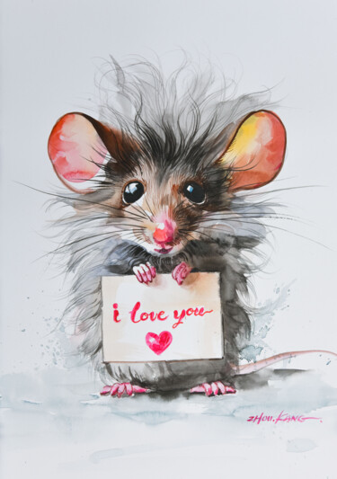 Pintura intitulada "I LOVE YOU 1" por Kang Zhou, Obras de arte originais, Aquarela