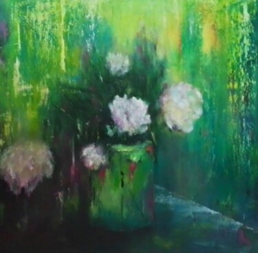 Schilderij getiteld "Pivoine 2" door Annie Bonvarlet, Origineel Kunstwerk, Olie Gemonteerd op Frame voor houten brancard