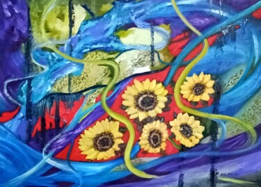 Painting titled "Sunflowers Caught i…" by Mónika Katalin Pál, Original Artwork, Oil Mounted on Wood Stretcher frame
