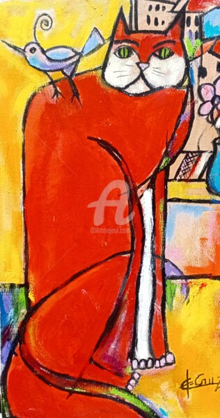 Painting titled "O Pássaro e o Gato…" by José Claudinei Da Cruz, Original Artwork, Acrylic Mounted on Wood Stretcher frame
