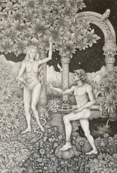 Drawing titled "Adam et Eve au jard…" by Ruy, Jean Bardot, Original Artwork, Graphite Mounted on artwork_cat.