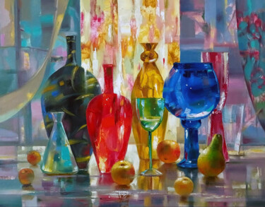 제목이 "Colored jugs"인 미술작품 Anatoly Tarabanov로, 원작, 기름 나무 들것 프레임에 장착됨