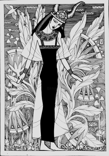 Schilderij getiteld "Amun's earthly wife" door Olga Infanteva, Origineel Kunstwerk, Inkt