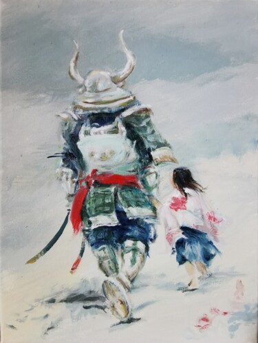 Samurai and Child – Emotional Figurative Japanese Painting 绘画 标题为“Samurai and Child –…” 由Aloosan, 原创艺术品, 油 安装在木质担架架上