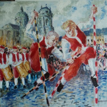 Peinture intitulée "Echasseurs namurois" par Claude Hardenne, Œuvre d'art originale, Huile