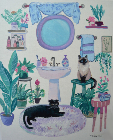Bathroom with Cats 제목이 "Bathroom with Cats"인 미술작품 Viktoriia Slavinska로, 원작, 기름