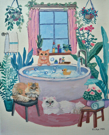Bathroom with Cats-2 제목이 "Bathroom with Cats-2"인 미술작품 Viktoriia Slavinska로, 원작, 기름
