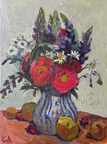 Poppies and Lupines Still Life Картина под названием "Poppies and Lupines…" - Ann Golub, Подлинное произведение искусства, Масло Установлен на Деревянная р…