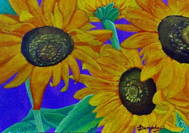 绘画 标题为“Sunflowers on Purple” 由Anthony Dunphy, 原创艺术品, 丙烯 安装在木质担架架上
