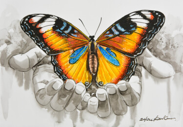 Painting titled "Butterfly on Hand4" by Kang Zhou, Original Artwork, Watercolor