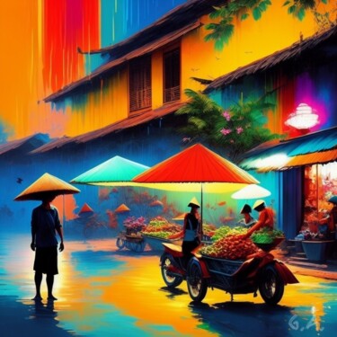 Marché Thaïlandais sous la Pluie | Thaïland under the Rain 「Marché Thaïlandais…」というタイトルのデジタルアーツ Gaboriau Géraldによって, オリジナルのアートワーク, デジタル絵画