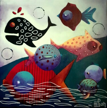 Painting titled "Famille Poisson 3" by Marie-Pierre Jan, Original Artwork, Acrylic Mounted on Wood Stretcher frame