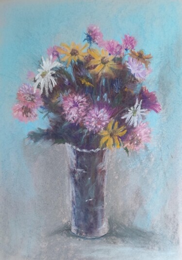 Yellow, white, and lilac flowers in a vase "Yellow, white, and…" başlıklı Tablo Sveta Uvarova tarafından, Orijinal sanat, Pastel