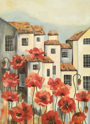 City in scarlet poppies Pittura intitolato "City in scarlet pop…" da Irina Kuprijanova, Opera d'arte originale, Olio Montato su Telaio per barella i…