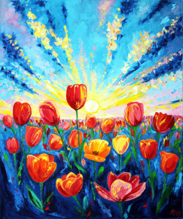 Dawn over the Tulip Field Pittura intitolato "Dawn over the Tulip…" da Tetiana Kushnirova, Opera d'arte originale, Olio