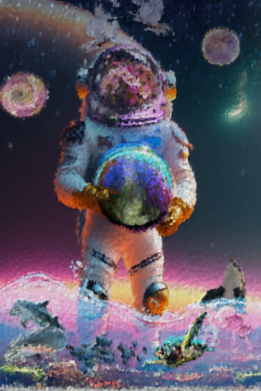 数字艺术 标题为“Universe Astronaut…” 由Davina Dugnas, 原创艺术品, 数字拼贴 安装在木质担架架上