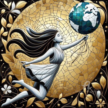 Digitale Kunst getiteld "Girl with Earth Bal…" door Davina Dugnas, Origineel Kunstwerk, Digitaal Schilderwerk Gemonteerd op…