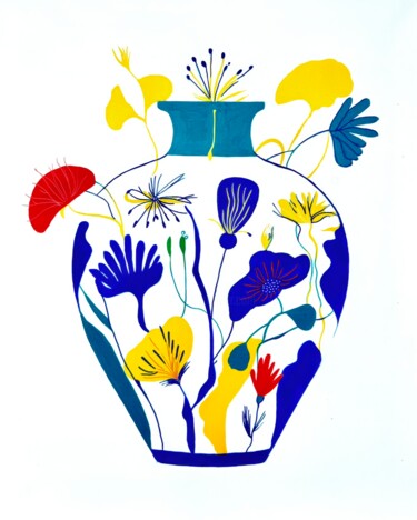 Stylized vase depicting blue, yellow and scarlet flowers – 3 绘画 标题为“Stylized vase depic…” 由Tatiana Belchenko, 原创艺术品, 丙烯 安装在木质担架架上