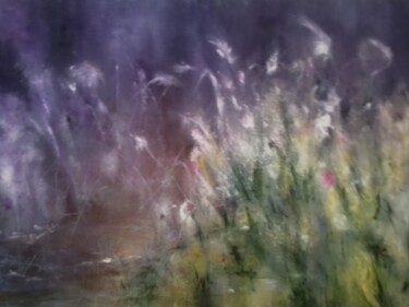 Painting titled "Fleurs au vent" by Annie Bonvarlet, Original Artwork, Oil Mounted on Wood Stretcher frame