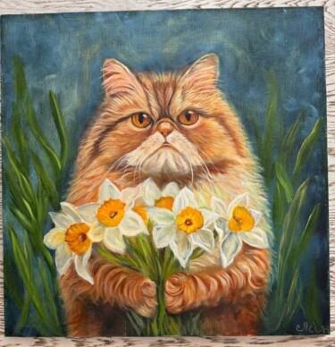 "Exotic Shorthair Beauty with Flowers" Painting titled ""Exotic Shorthair B…" by Svetlana Leont Eva, Original Artwork, Oil