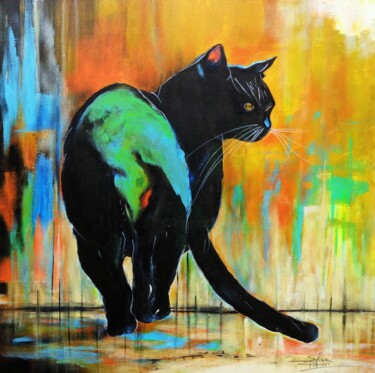 Schilderij getiteld "chat noir reflets" door Sylvie Pinon, Origineel Kunstwerk, Acryl Gemonteerd op Frame voor houten branca…