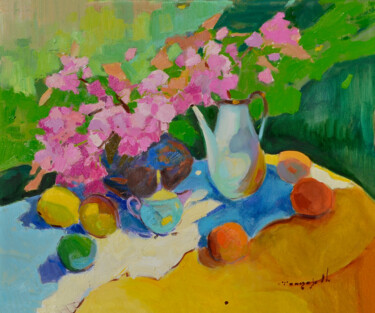 Painting titled "Sakura and Tea" by Alexander Shandor, Original Artwork, Oil Mounted on Wood Stretcher frame