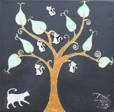 Painting titled "chats perchés" by Maguie Mesguich, Original Artwork, Acrylic Mounted on Wood Stretcher frame