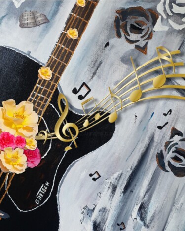 Goldsound, Gitarre mit frischen Blumen dekoriert "Goldsound, Gitarre…" başlıklı Dijital Sanat Kristin Reinberg tarafından, Orijinal sanat, Dijital Kolaj