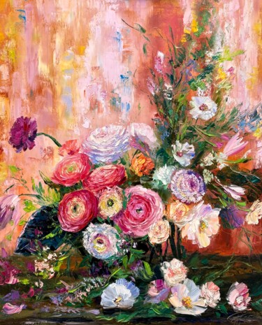 「RANUNCULUS and COSM…」というタイトルの絵画 Victoria Parshinaによって, オリジナルのアートワーク, オイル ウッドストレッチャーフレームにマウント