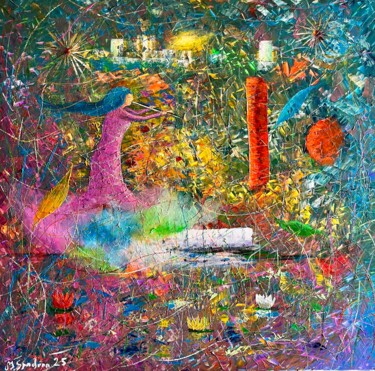 Schilderij getiteld "Con la flauta por l…" door Miroslav Spadrna, Origineel Kunstwerk, Acryl Gemonteerd op Frame voor houten…