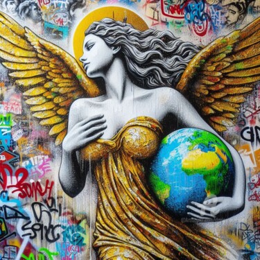 제목이 "Angels on the stree…"인 디지털 아트 Davina Dugnas로, 원작, 디지털 페인팅 나무 들것 프레임에 장착됨