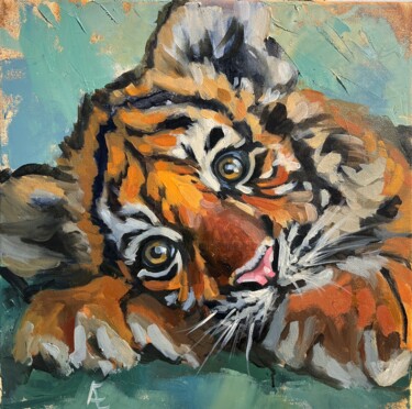 绘画 标题为“Petit tigre. Peintu…” 由Elena Recondo, 原创艺术品, 油 安装在木质担架架上