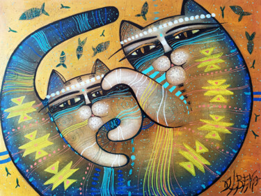 「Chatons kilim」というタイトルの絵画 Albena Vatchevaによって, オリジナルのアートワーク, オイル ウッドストレッチャーフレームにマウント