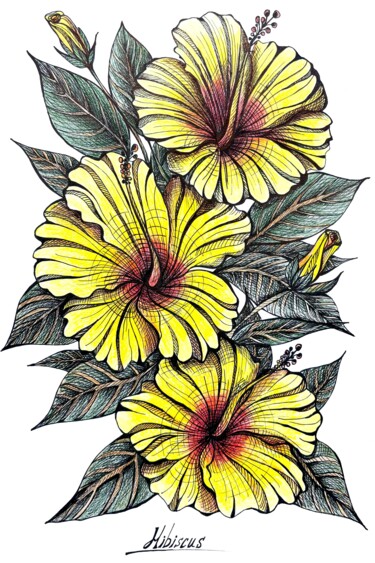 Drawing titled "YELLOW HIBISCUS DRA…" by Maria Tuzhilkina, Original Artwork, Marker