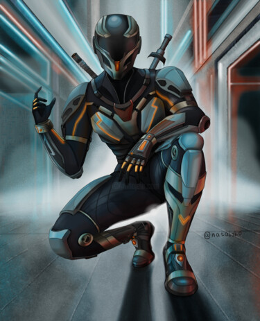 Digital Arts titled "Cyberpunk biker" by Nataly Kozintseva, Original Artwork, Digital Painting