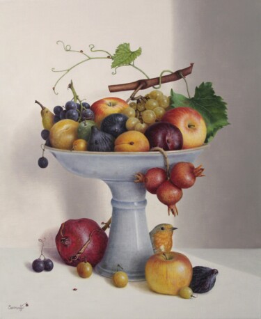 Painting titled "La coupe de fruits…" by Reza Sarrafi, Original Artwork, Oil Mounted on Wood Stretcher frame
