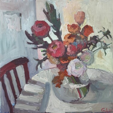 Painting titled "Peonies and Orange…" by Ann Golub, Original Artwork, Oil Mounted on Wood Stretcher frame