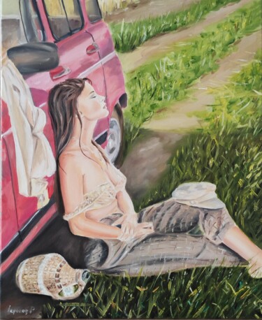Wild Pause – Sensual Woman by a Car in Nature Картина под названием "Wild Pause – Sensua…" - Pasha Laponog, Подлинное произведение искусства, Масло