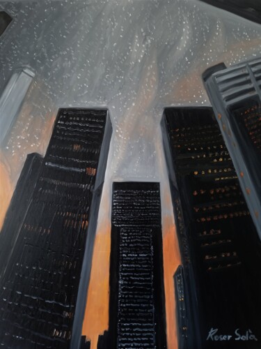 Schilderij getiteld "Tel Aviv" door Roser Solà, Origineel Kunstwerk, Olie Gemonteerd op Frame voor houten brancard