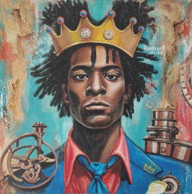 Jean-Michel Basquiat as a Time Traveler — Tribute Portrait Malarstwo zatytułowany „Jean-Michel Basquia…” autorstwa Valentyna Loboda, Oryginalna praca, Akryl Zamontowany na Drewniana r…