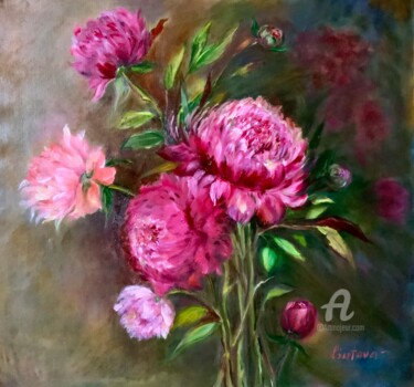 Painting titled "Piones" by Olga Liutova-Amplatz, Original Artwork, Oil