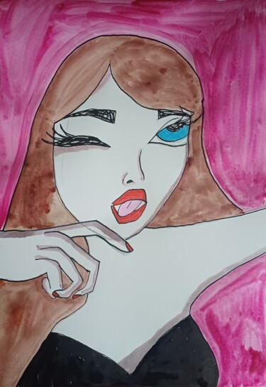 Tekening getiteld "Flirt" door Ashton Knighting, Origineel Kunstwerk, Inkt