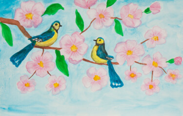 绘画 标题为“Two birds with pink…” 由Irina Afonskaya, 原创艺术品, 水彩